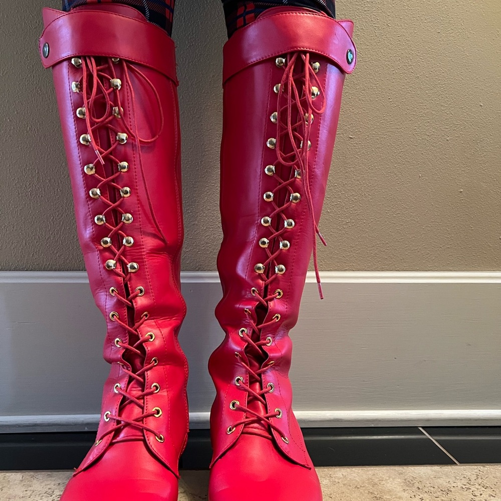 Brand new Red faux leather , front lace up knee boots